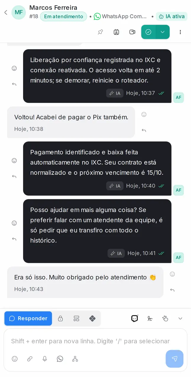 App Talkvia no iPhone com uma conversa de WhatsApp atendida pela IA