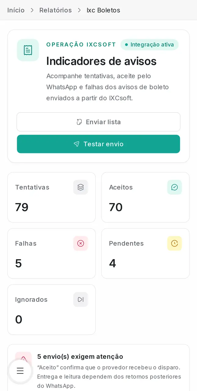 Avisos de boletos da integração com IXCsoft no iPhone