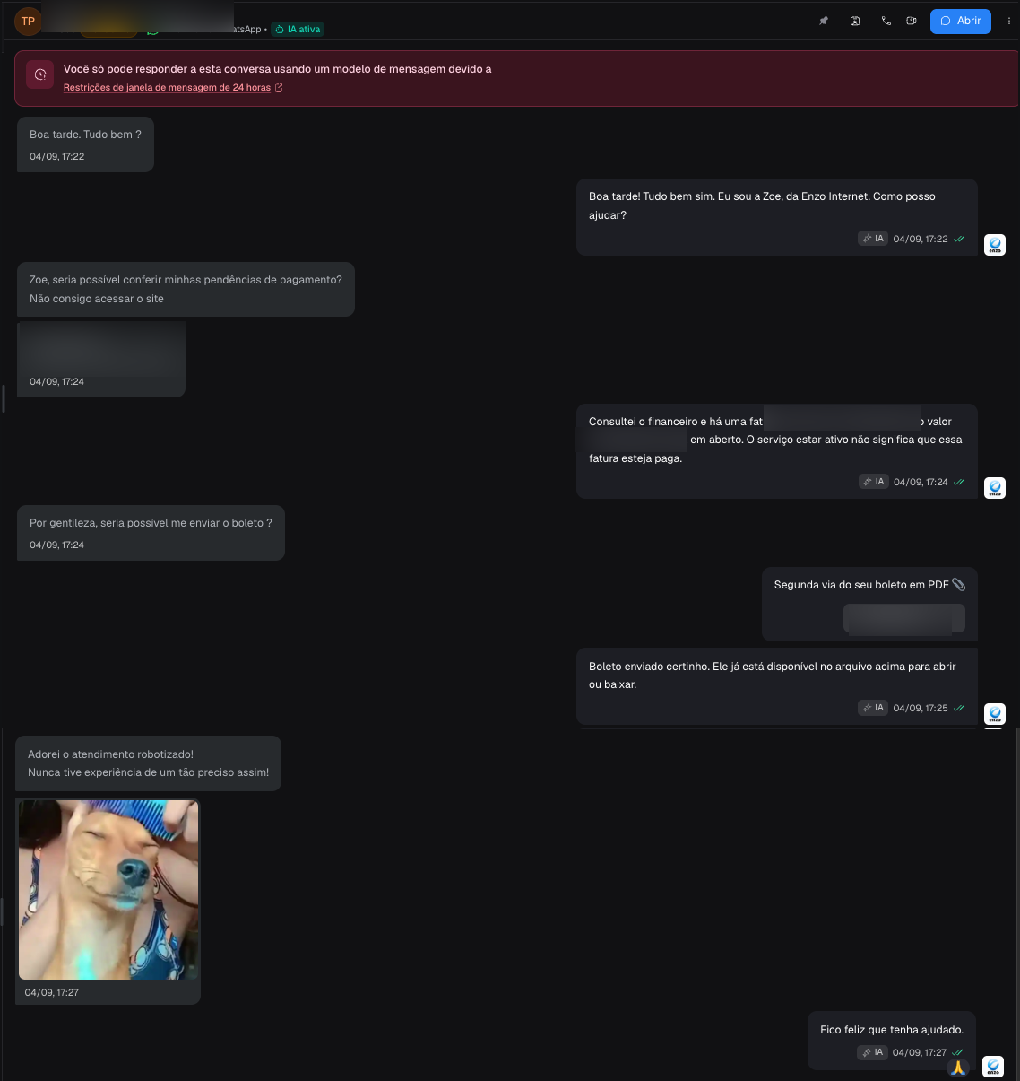 Telas do sistema com dados ocultados: cliente solicita consulta de pendências; Zoe informa a fatura em aberto, envia o boleto em PDF e recebe um elogio pela precisão.