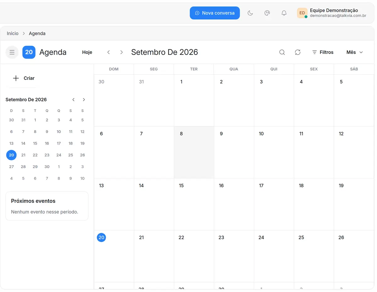 Agenda da Talkvia com compromissos vinculados a conversas e sincronização com o Google Agenda