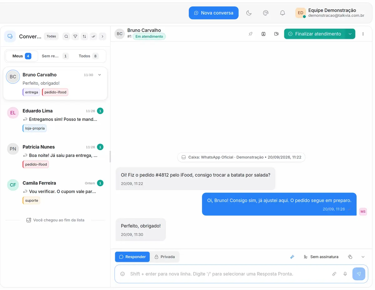 Caixa de conversas da Talkvia com filas Meus, Sem responsável e Todos