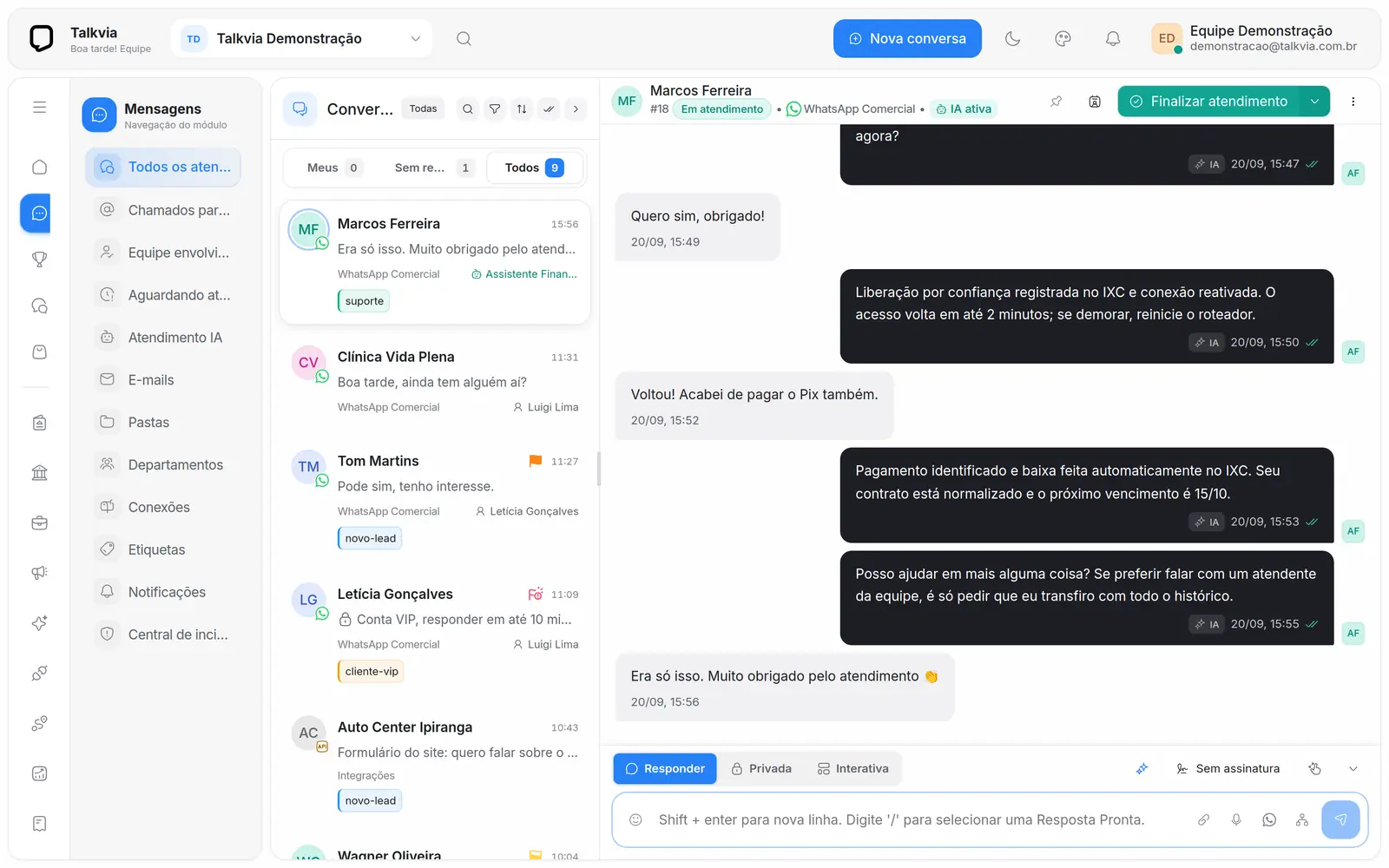 Conversa em que a IA da Talkvia consulta o sistema do provedor, identifica o pagamento Pix e responde ao cliente