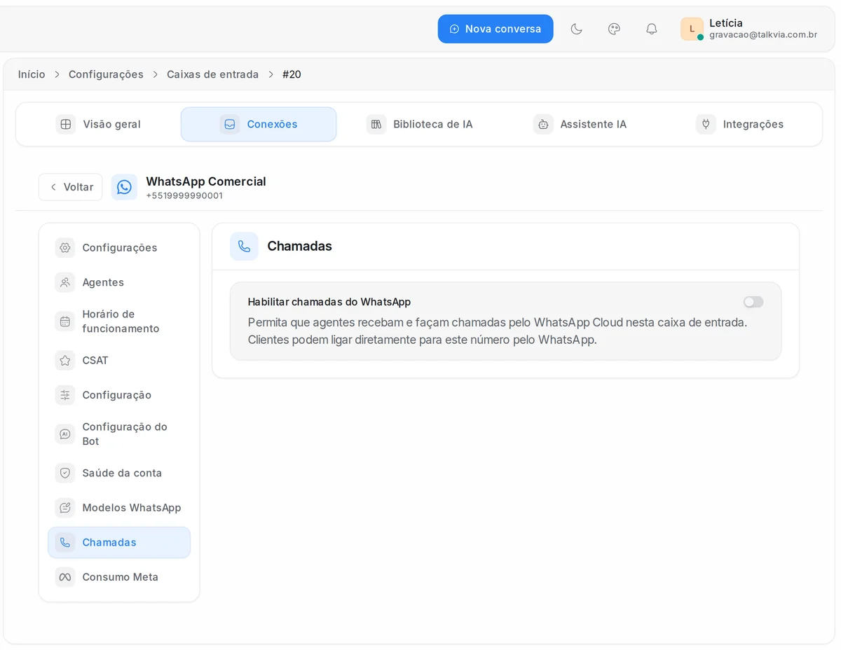 Configuração de chamadas do WhatsApp na caixa de entrada da Talkvia