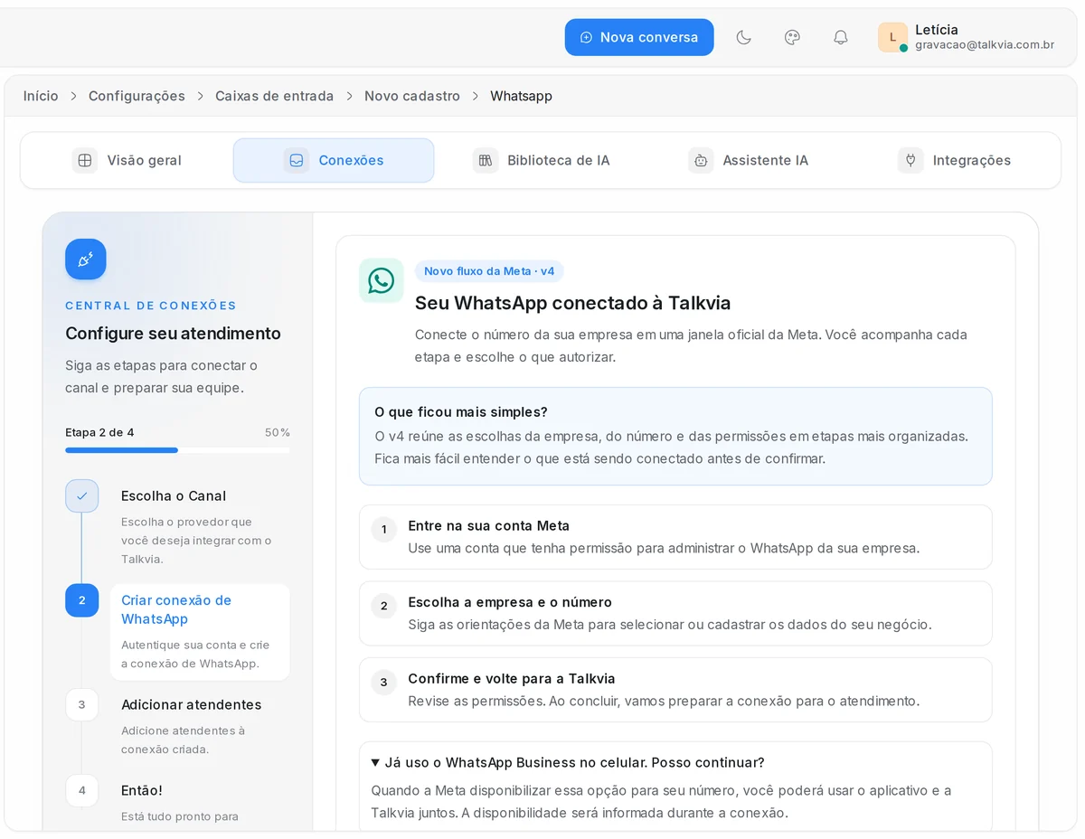 Tela de conexão do WhatsApp na Talkvia com a opção para quem já usa o WhatsApp Business no celular