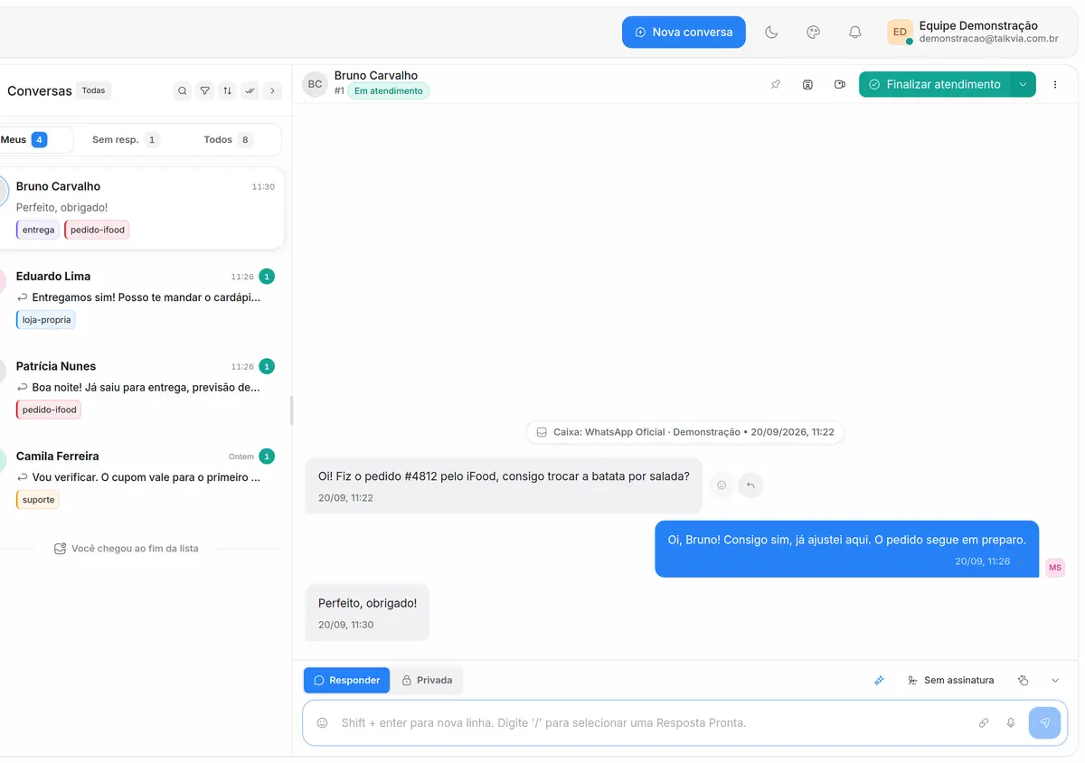 Conversa do WhatsApp com histórico e etiquetas pronta para o atendente