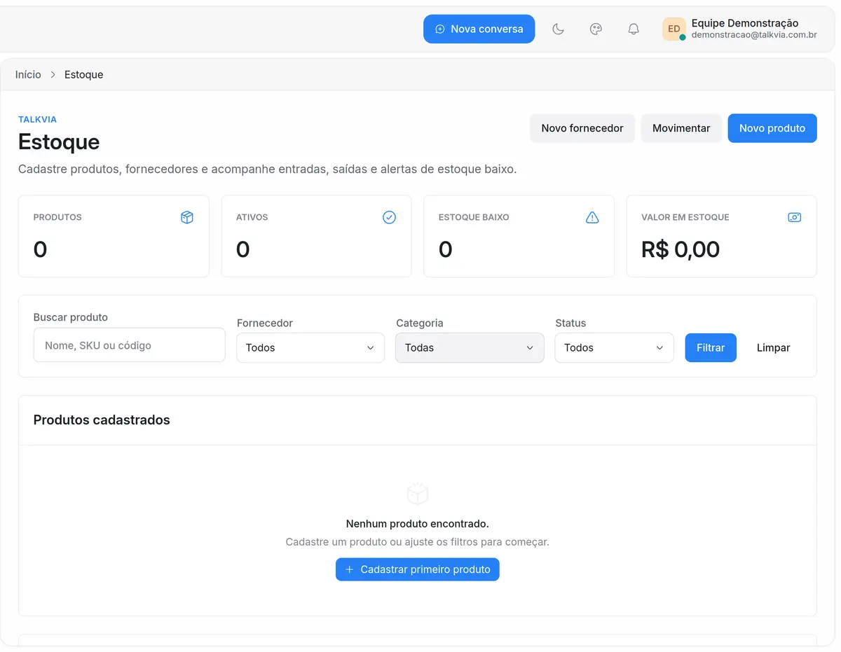 Tela de estoque da Talkvia com produtos, fornecedores e movimentações