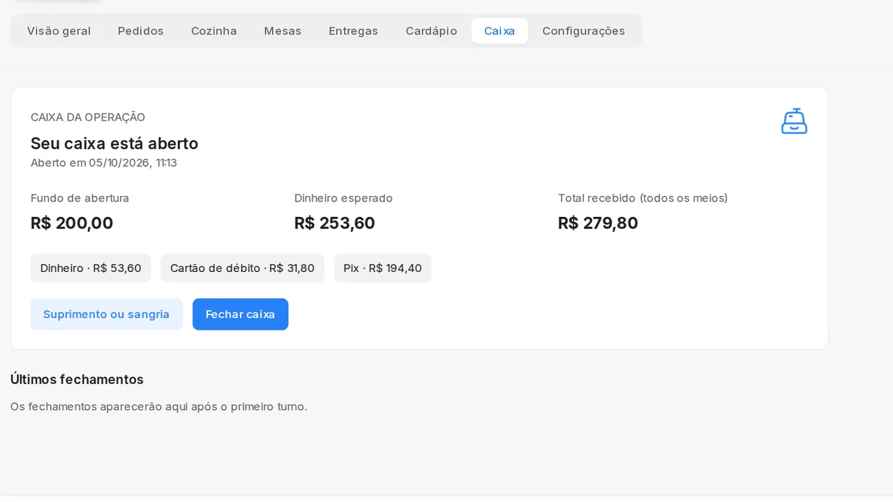 Tela Caixa do Talkvia Food com caixa aberto, fundo de abertura e total recebido por forma de pagamento