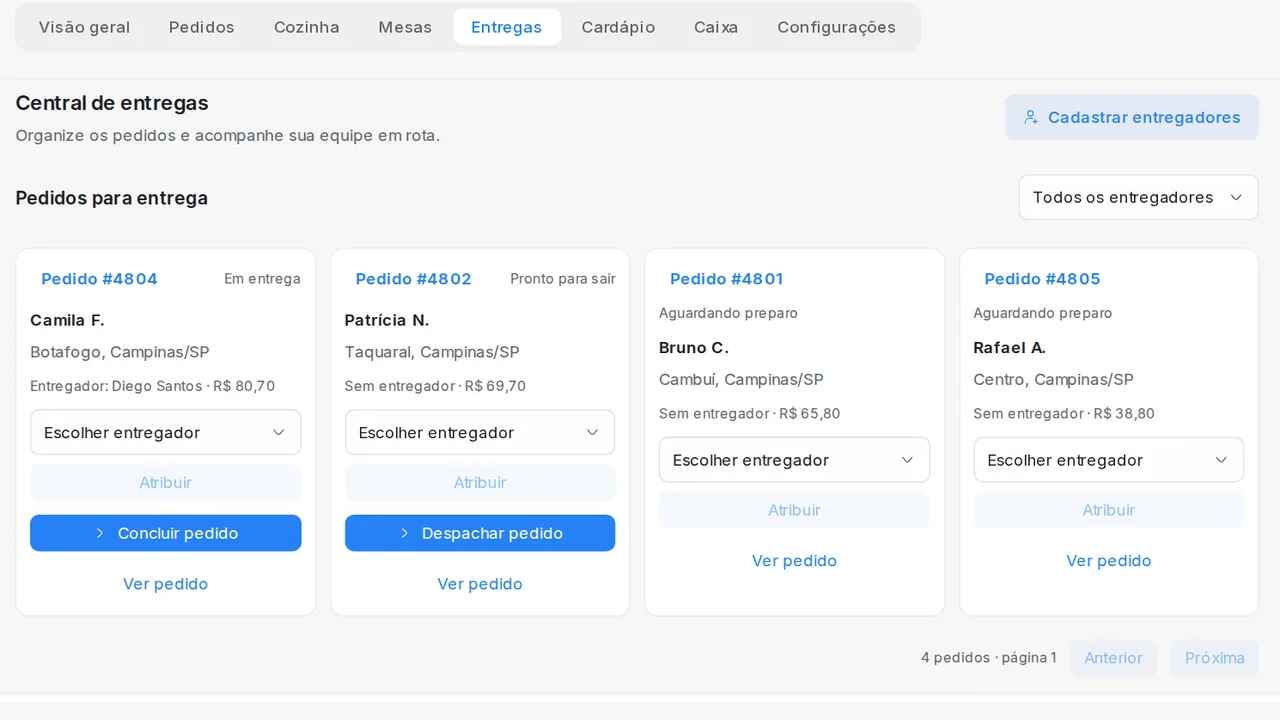Central de entregas do Talkvia Food com pedidos para entrega e entregador atribuído
