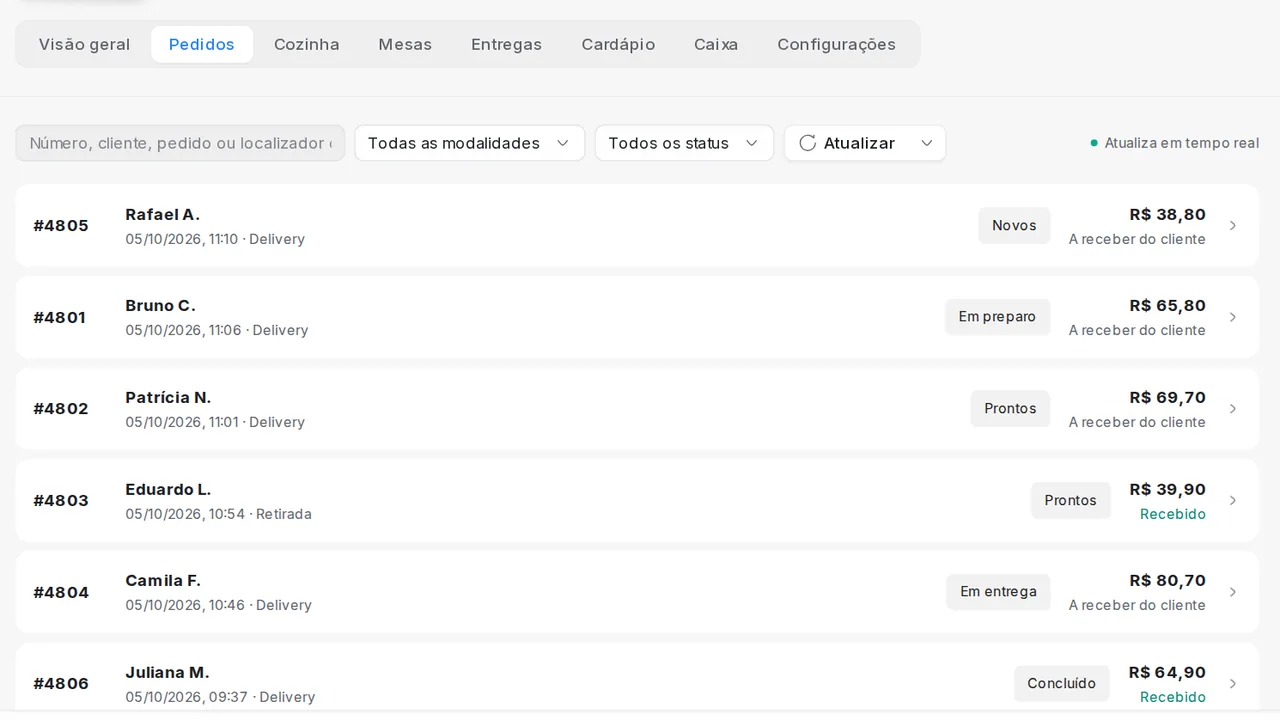 Tela Pedidos do Talkvia Food com pedidos novos, em preparo, prontos e em entrega