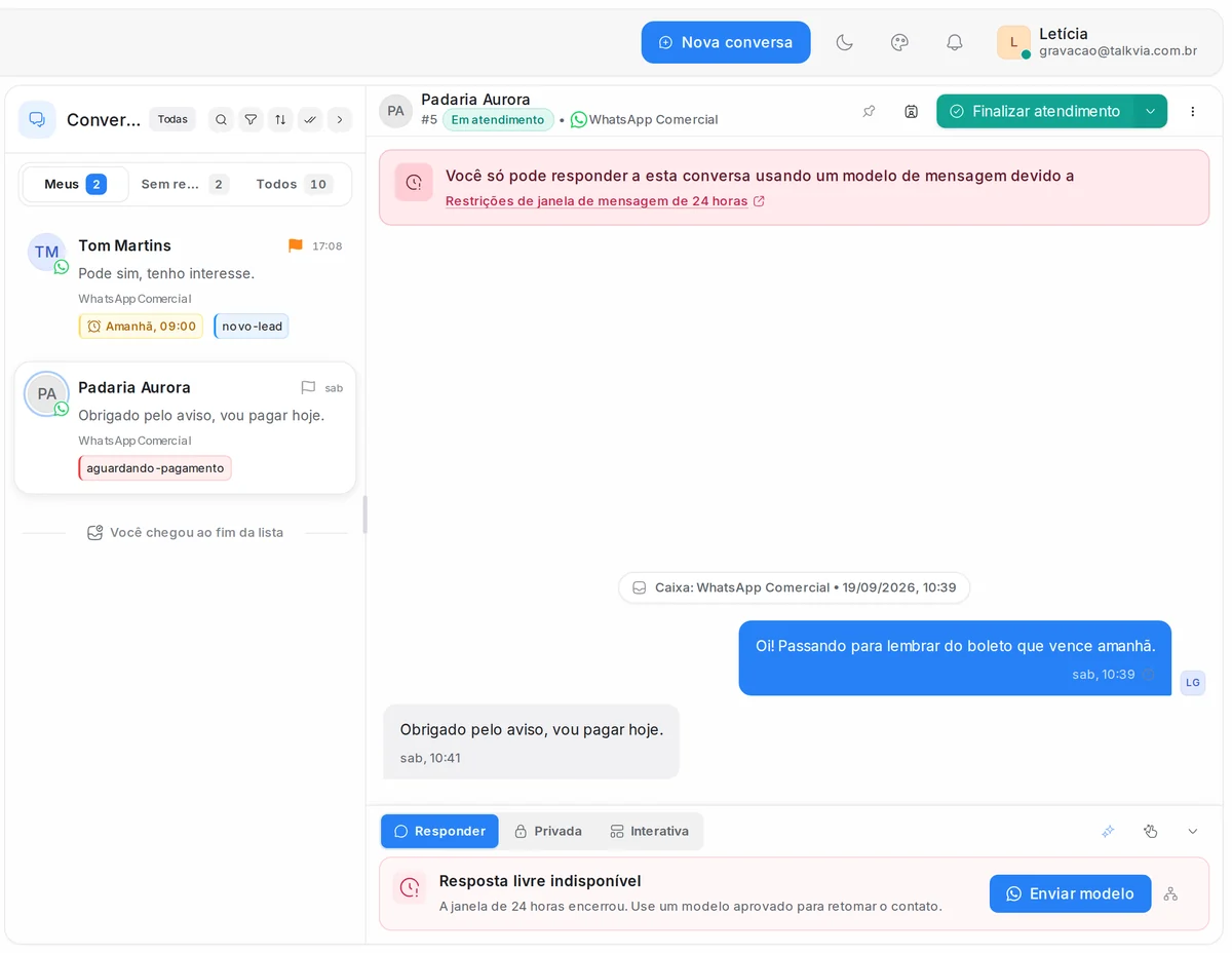 Conversa em que a janela de 24 horas terminou e o sistema oferece o envio de um modelo aprovado