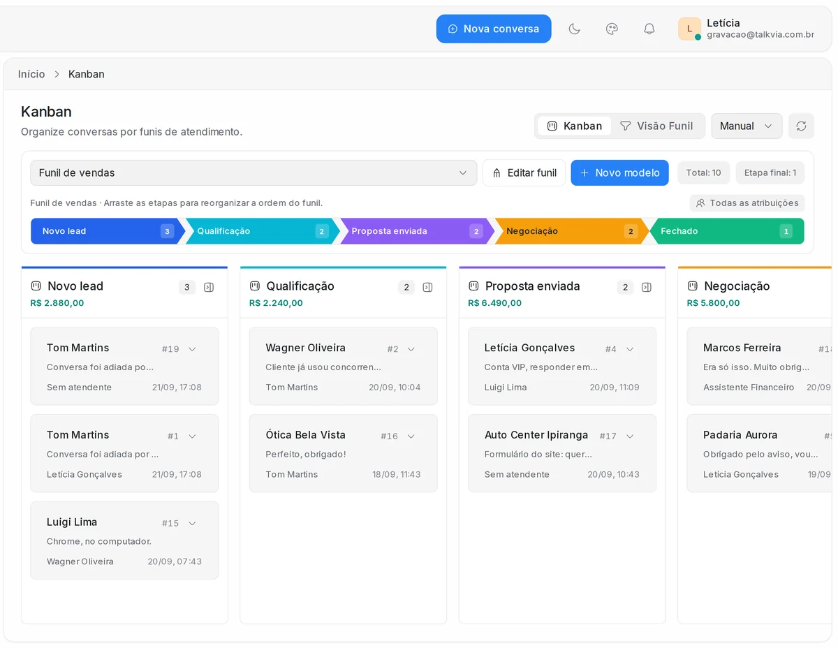 Kanban de vendas da Talkvia com a etapa Proposta enviada