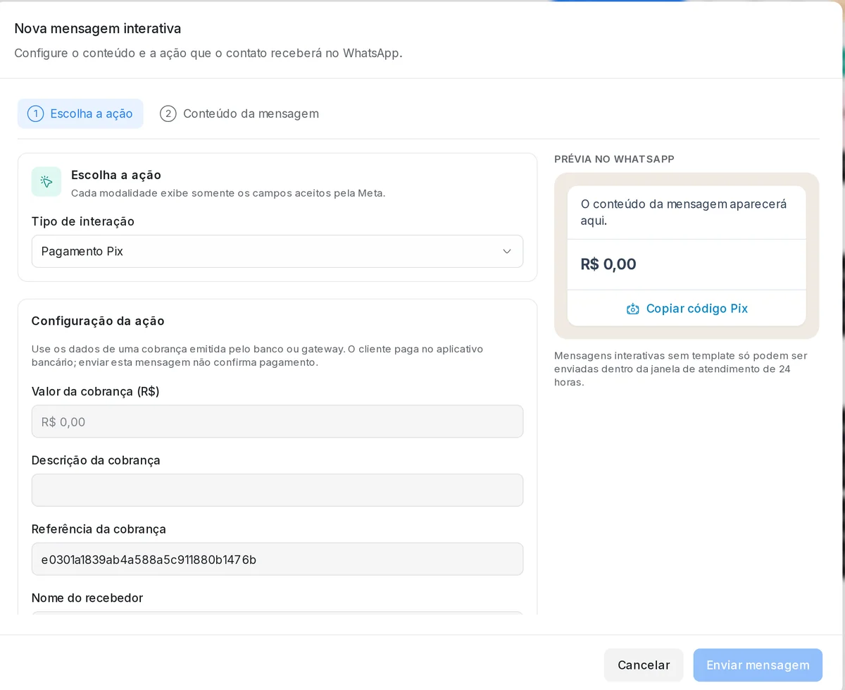 Janela de nova mensagem interativa da Talkvia com o tipo Pagamento Pix e prévia do botão Copiar código Pix