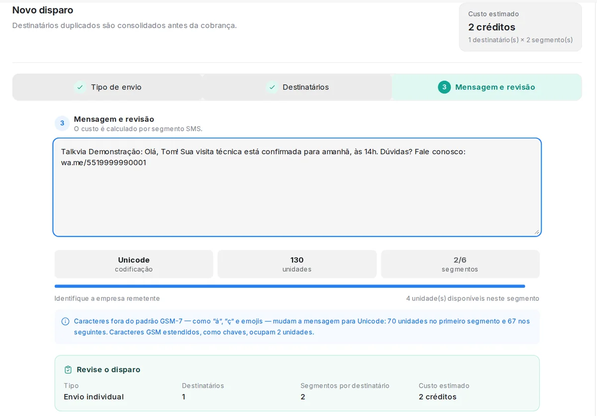 Tela Disparos SMS da Talkvia na etapa Mensagem e revisão de um envio individual, com contador de caracteres e segmentos e custo estimado de 2 créditos
