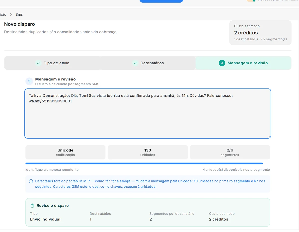 Revisão de um envio individual de SMS com codificação, unidades, segmentos e custo estimado